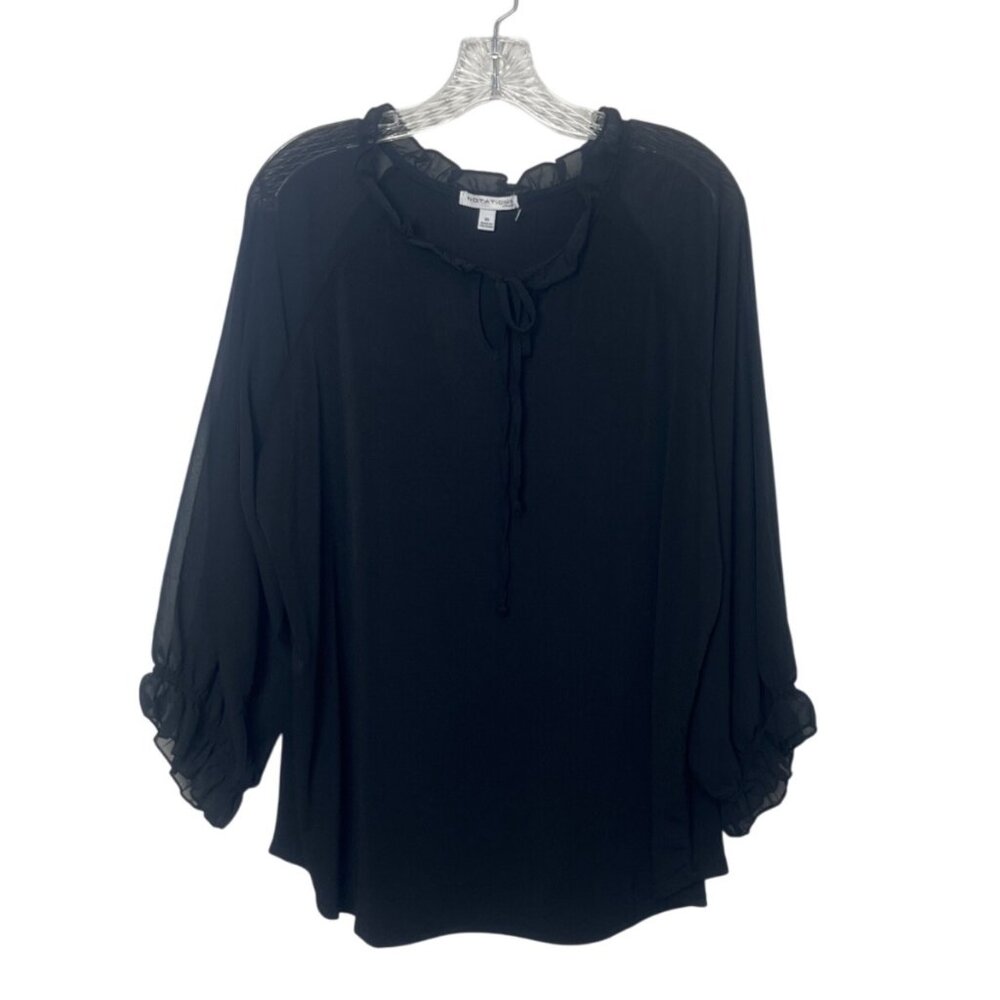 Notations Blouse Shirt Woman 1X Black Ruffle Trim New WOT